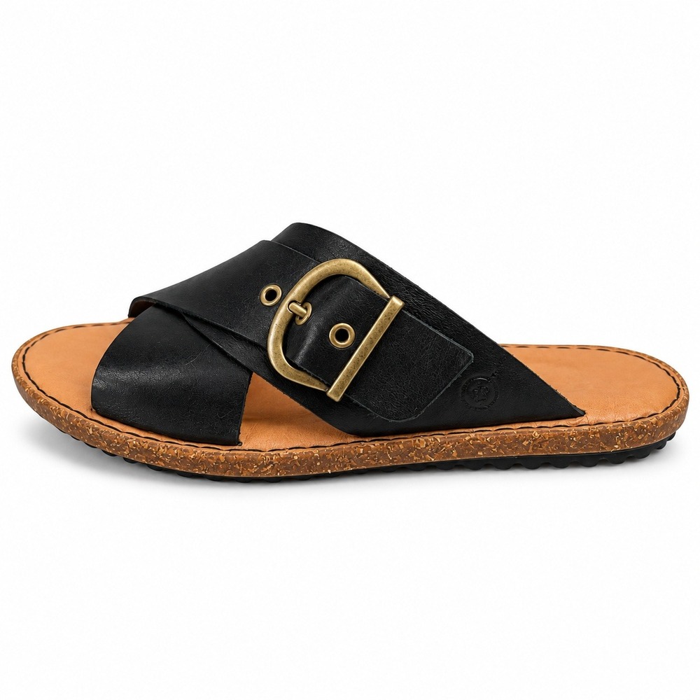 Born 8M Rio Slide Sandals Black Leather Buckle Crossover Strap Casual Boho Flats